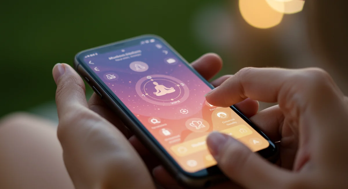 Smartphone displaying a mindfulness meditation app with blurred hands