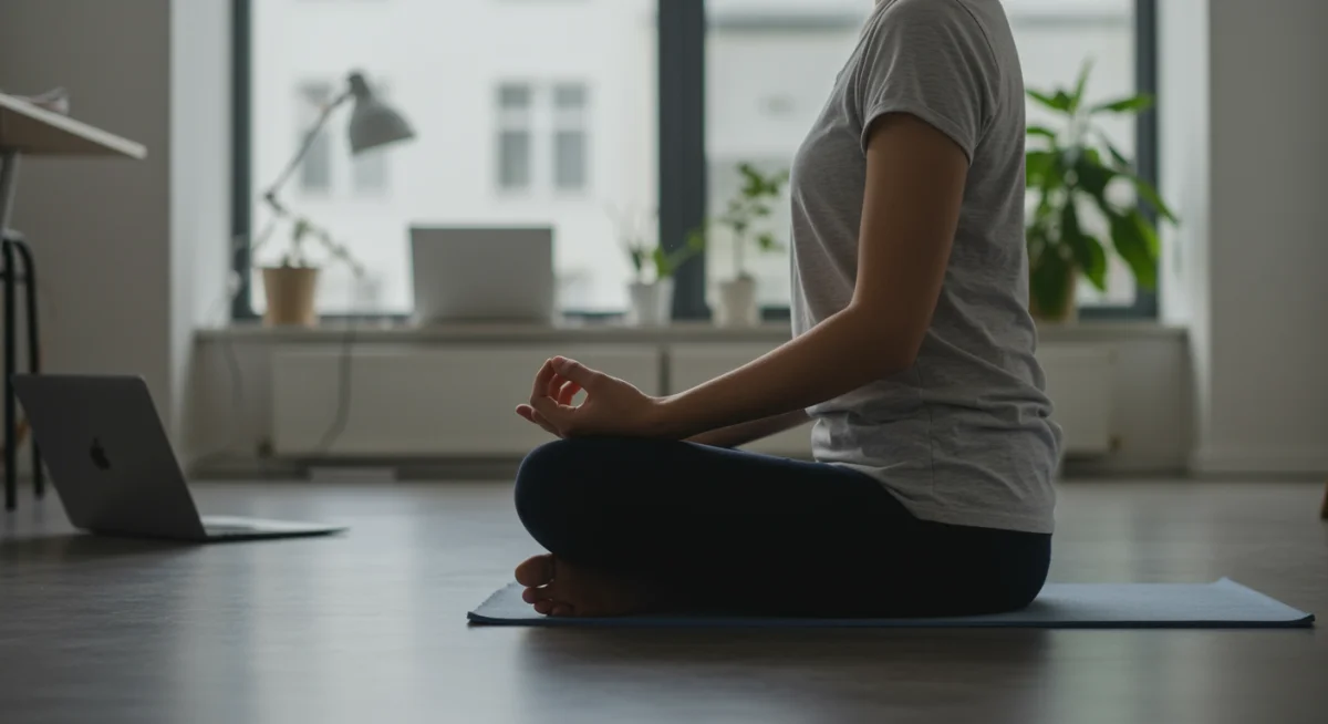 Individual meditating in a calm office space for mental clarity.