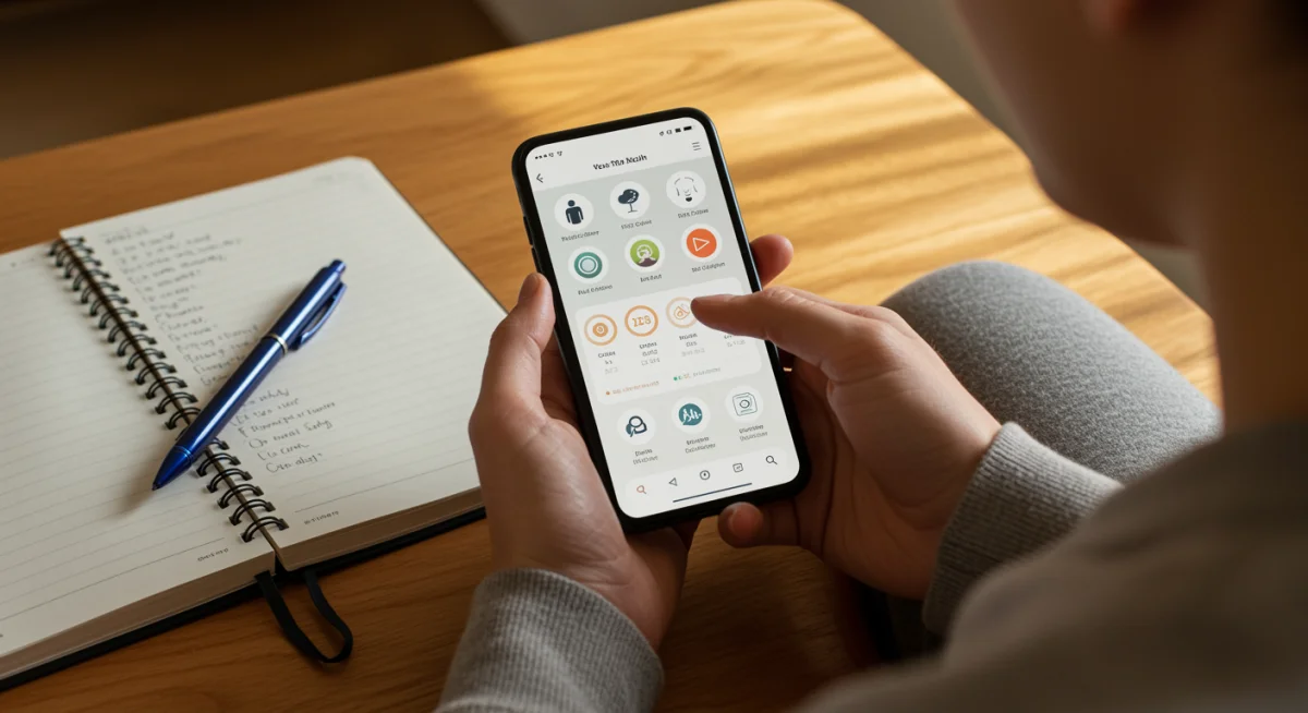 Person tracking mood on a mental health journaling app with a notebook