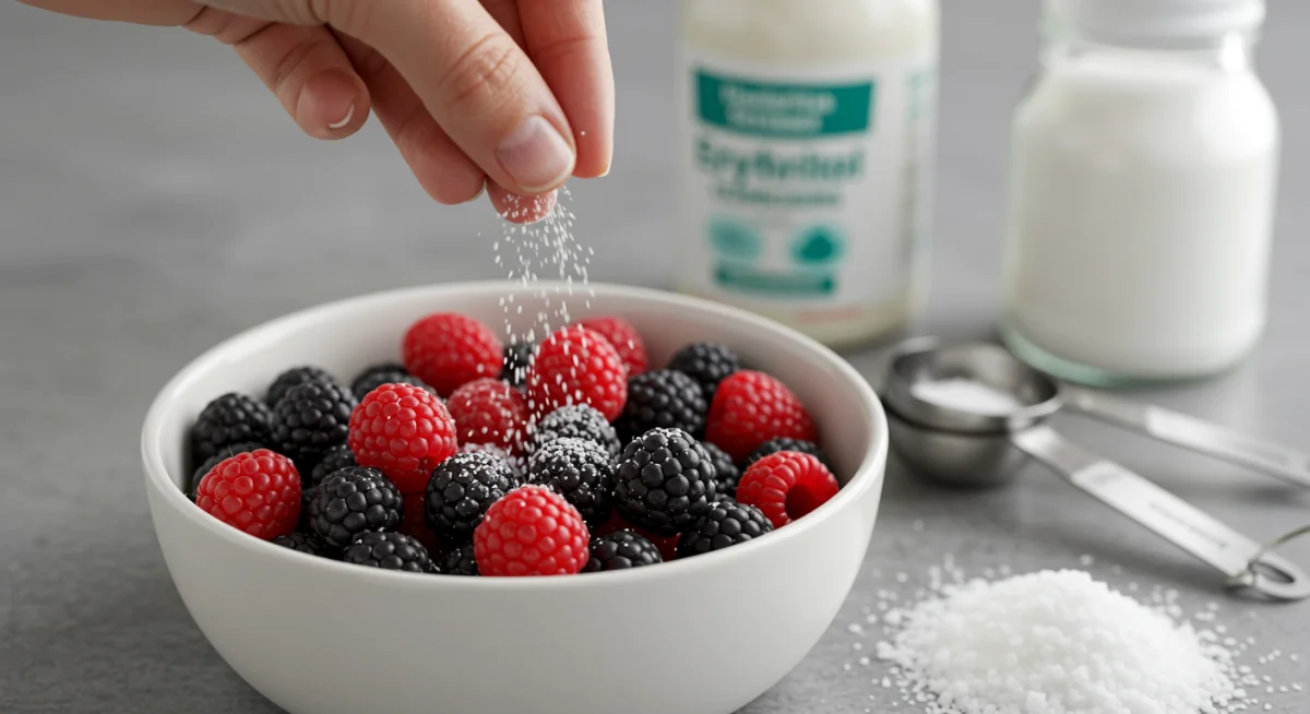 Hand sprinkling natural sweetener erythritol, preparing for sugar-free baking