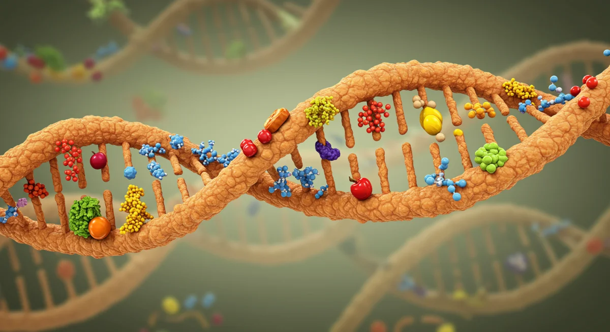 Nutrigenomics illustration showing DNA and food interaction