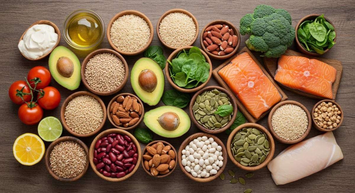 Assortment of fresh, whole food ingredients for healthy meal preparation, representing nutritional alternatives.