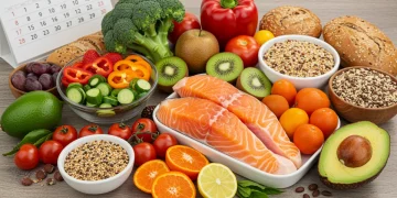 Balanced meal with fresh produce and whole grains, representing a 3-month nutritional action plan.