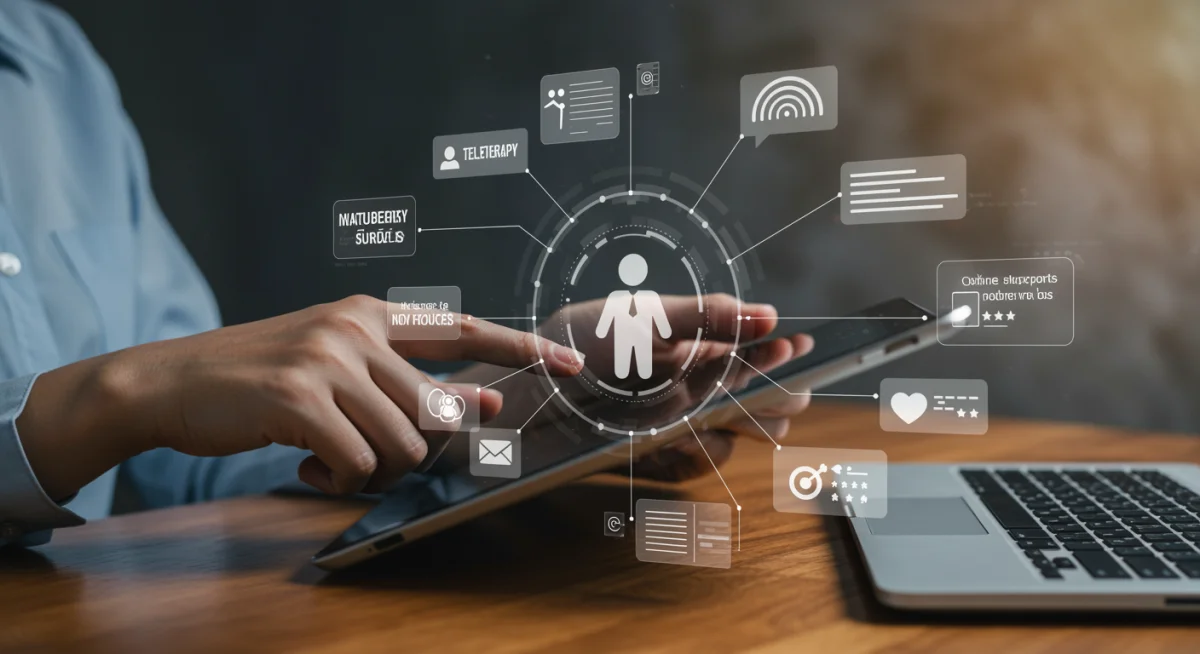 Digital interface displaying online mental health resources and teletherapy.