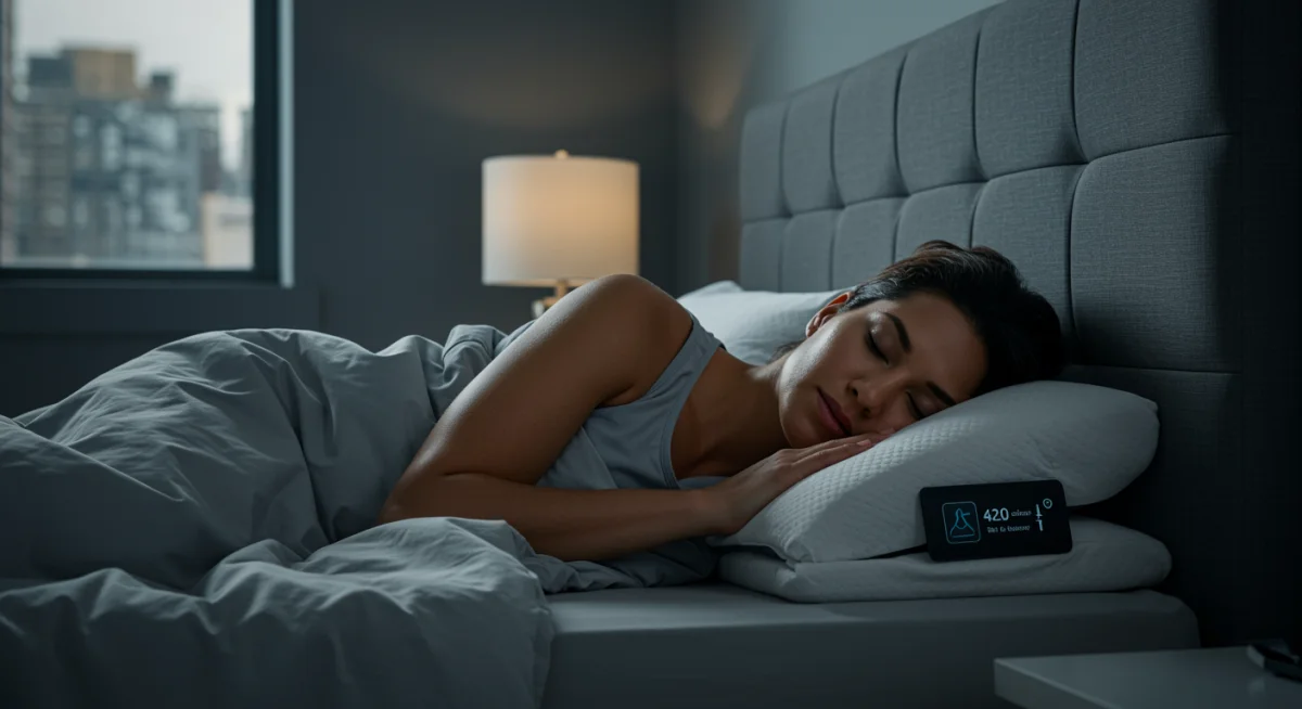 Person sleeping soundly in a smart bedroom with a sleep-tracking pillow for recovery.
