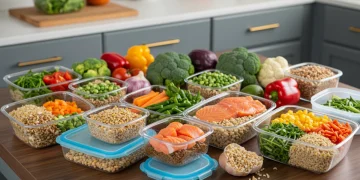 Organized meal prep containers with healthy food in a bright kitchen