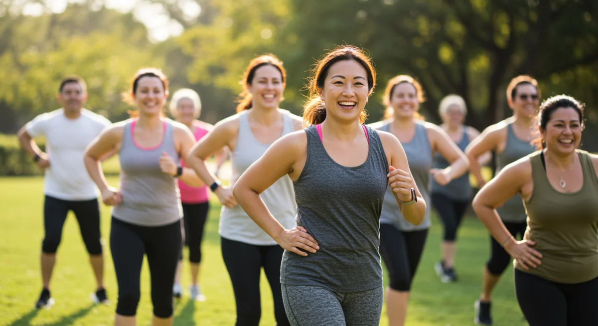 Diverse group enjoying an outdoor fitness class, promoting accessible and sustained activity.