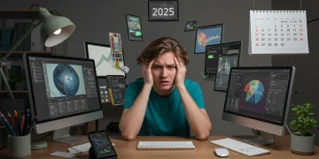 Overwhelmed person surrounded by digital screens, illustrating digital burnout.