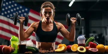 Optimize Your Nutrition: Peak Fitness in 2025 US Woman lifting weights with healthy food, symbolizing optimal fitness nutrition in the US.