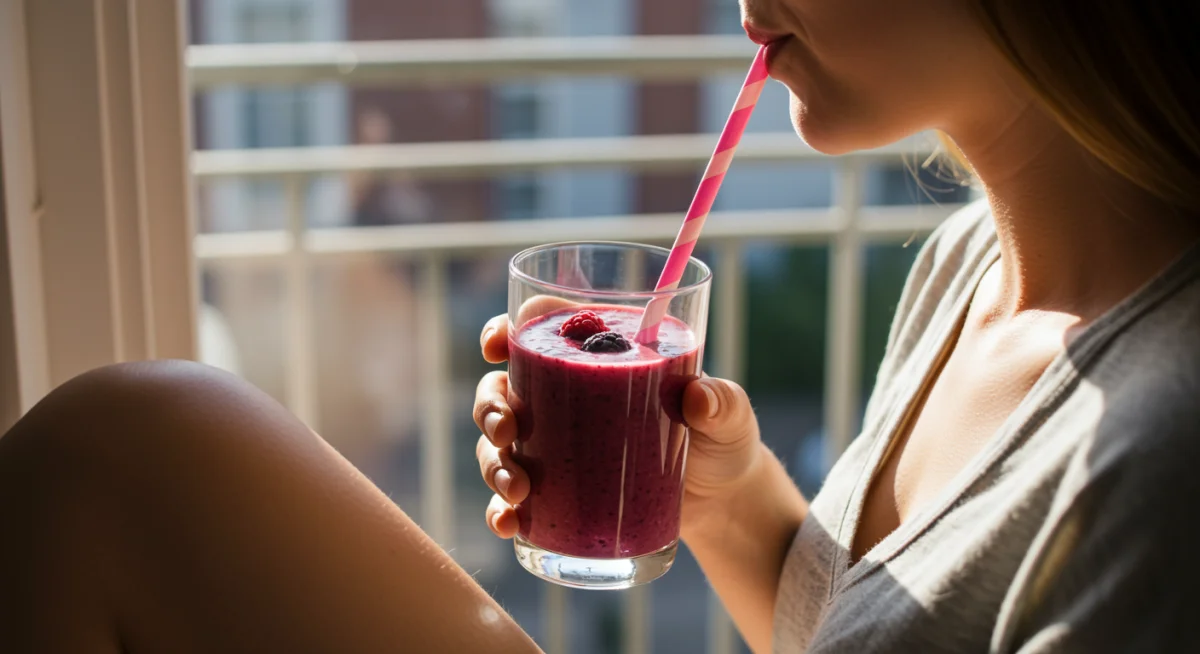 Person enjoying a berry power smoothie for sustained energy