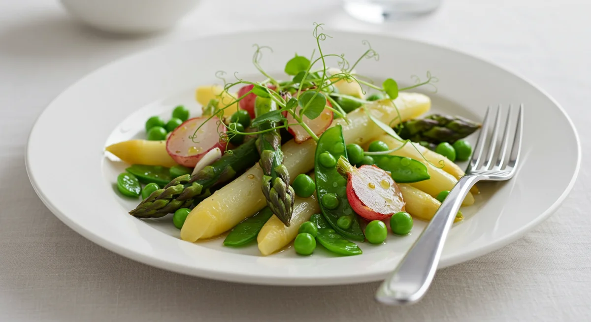 Gourmet plated spring vegetable medley with asparagus, radishes, and peas.