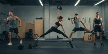 Diverse group exercising in a modern gym, showcasing various popular fitness routines