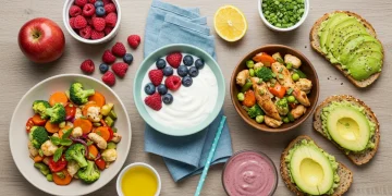 Colorful array of post-workout recovery meals and ingredients