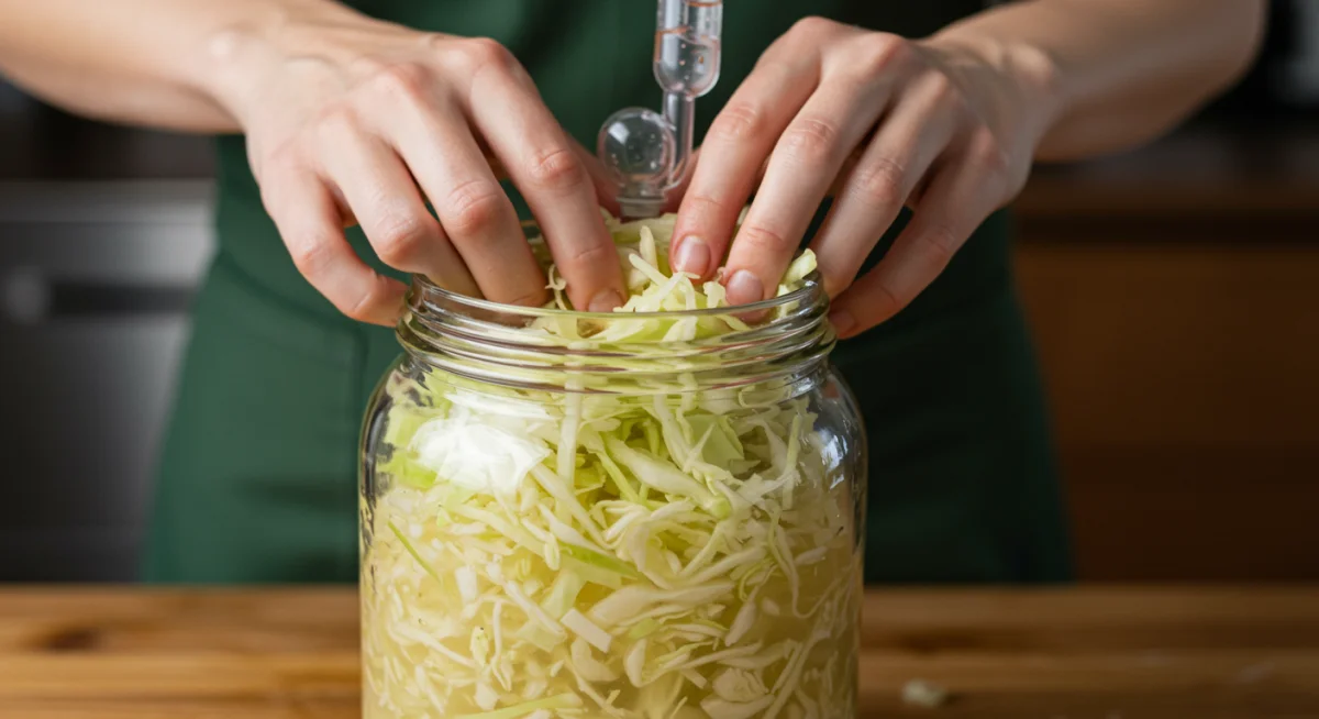 Hands preparing homemade sauerkraut in a glass jar, demonstrating traditional fermentation techniques.