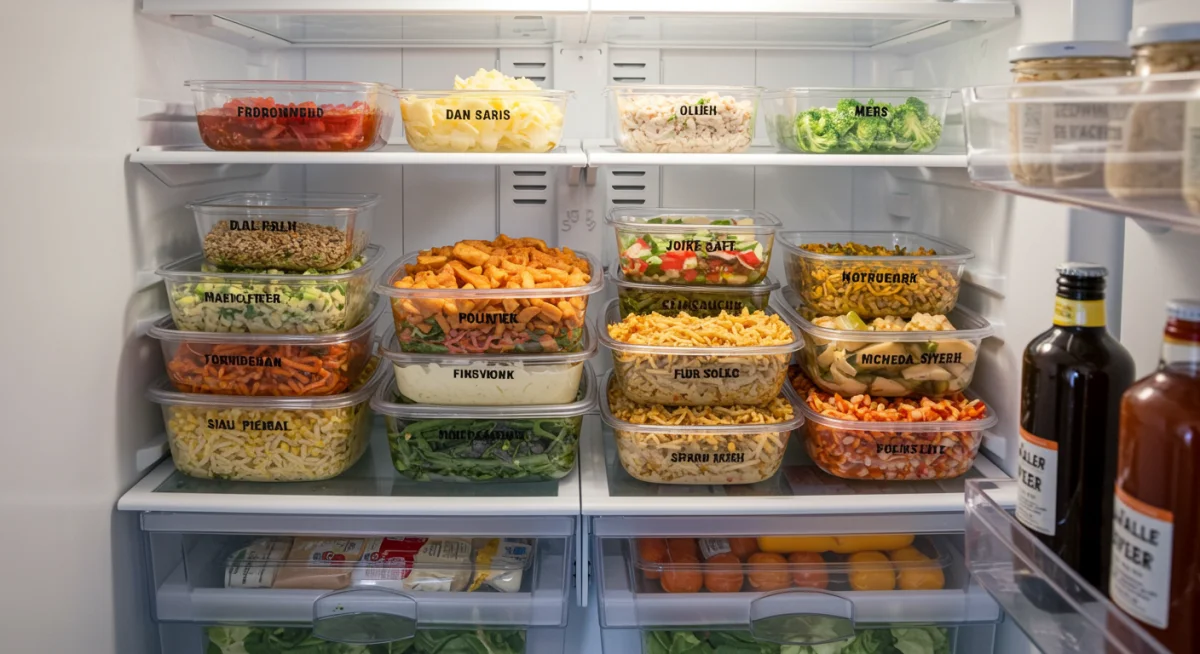 Neatly arranged prepped meals in refrigerator for the week