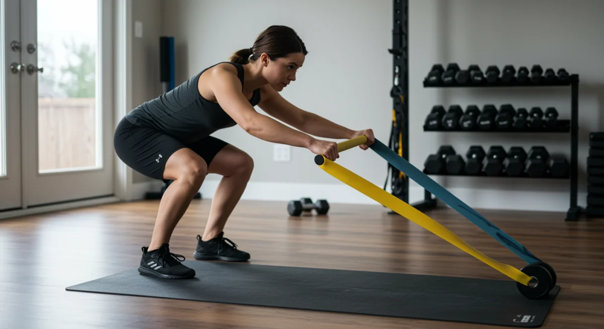 Individual performing a bodyweight squat with excellent form in a home gym, emphasizing technique.