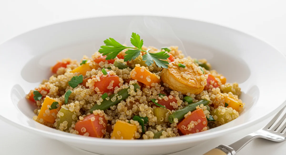 Savory quinoa and vegetable stir-fry, freshly cooked and garnished with herbs.