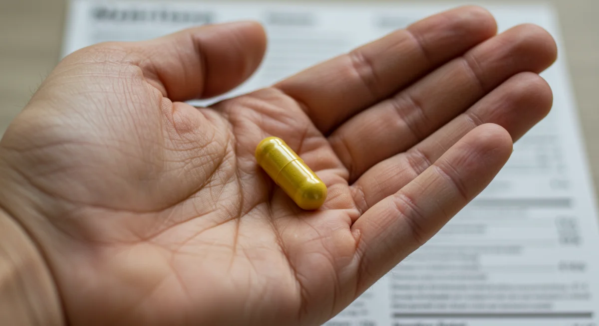 Hand holding a vitamin capsule with a blurred nutrition label in background