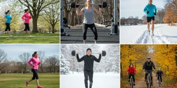 Americans adapting fitness routines across seasons, showing diverse outdoor and indoor activities.