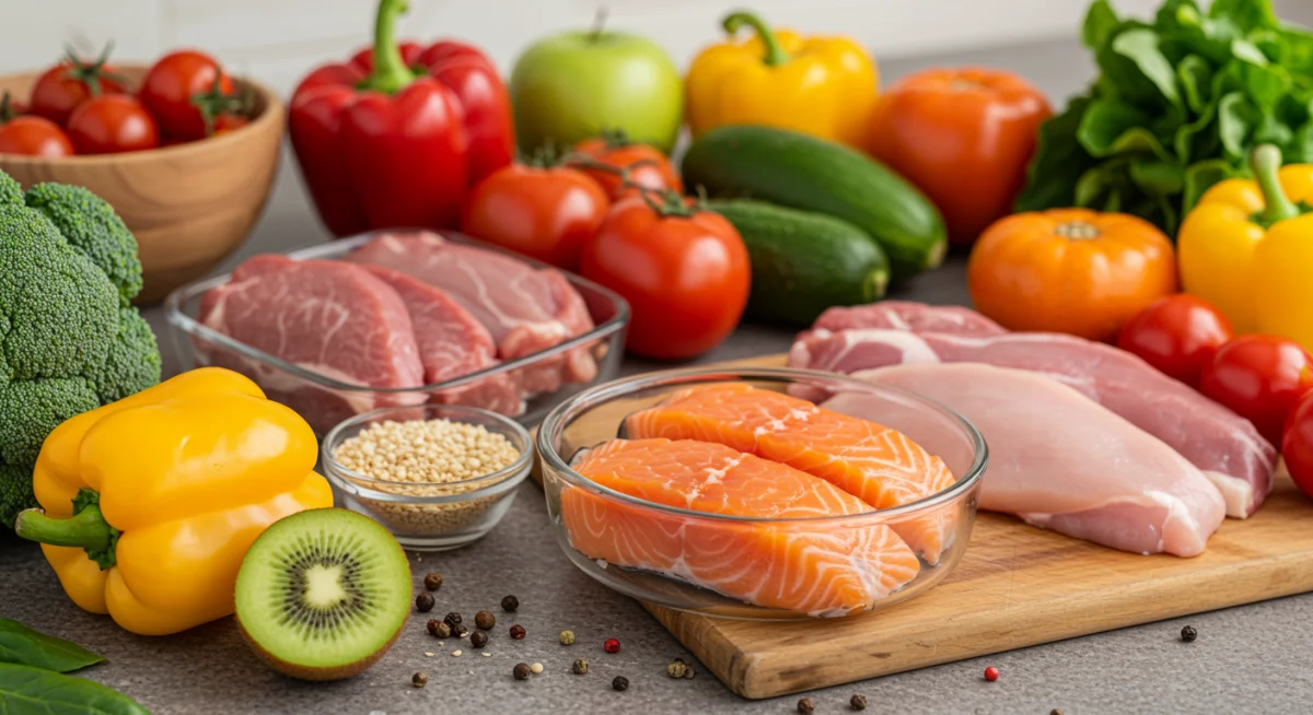 Colorful meal prep for seasonal fitness, featuring fresh fruits and lean proteins.