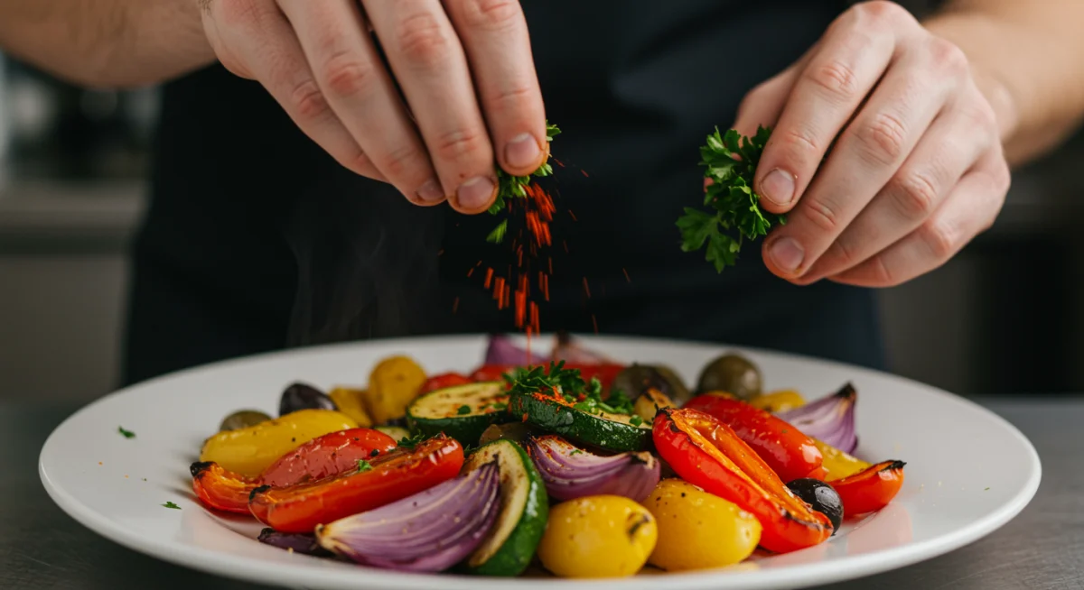 Chef's hands seasoning roasted vegetables with fresh parsley and smoked paprika.
