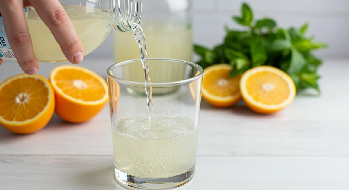 Pouring homemade water kefir into a glass with fruit, highlighting a refreshing probiotic drink.