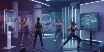 People using smart fitness technology for workouts in a futuristic gym