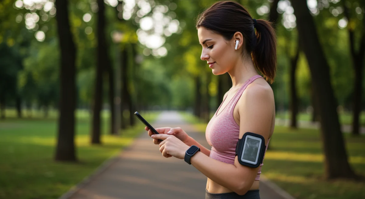 Person tracking heart rate with smart device during outdoor walk