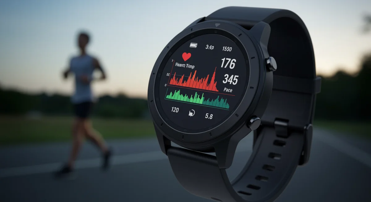 Smartwatch displaying real-time workout data, including heart rate and calories burned, during an exercise session.