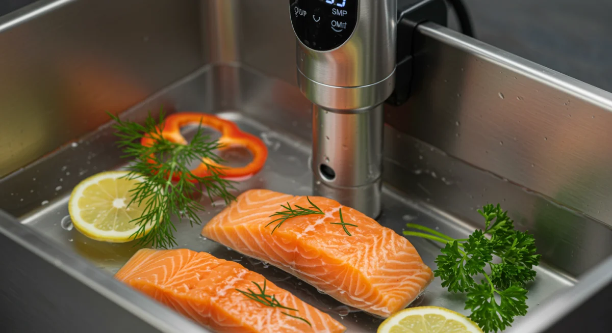 Sous vide cooked salmon with herbs, showcasing precise temperature control