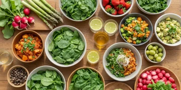 Abundant fresh spring produce and healthy dishes on a rustic wooden table under natural light.
