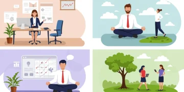 Successful professionals practicing mental well-being in corporate and natural settings.