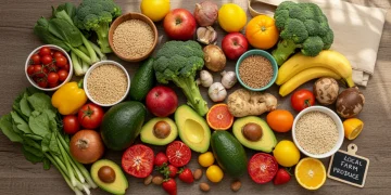 Colorful arrangement of fresh, local, and organic produce on a wooden table, symbolizing sustainable eating in the US.