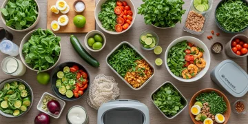 Sustainable kitchen scene with fresh produce and zero-waste meal prep