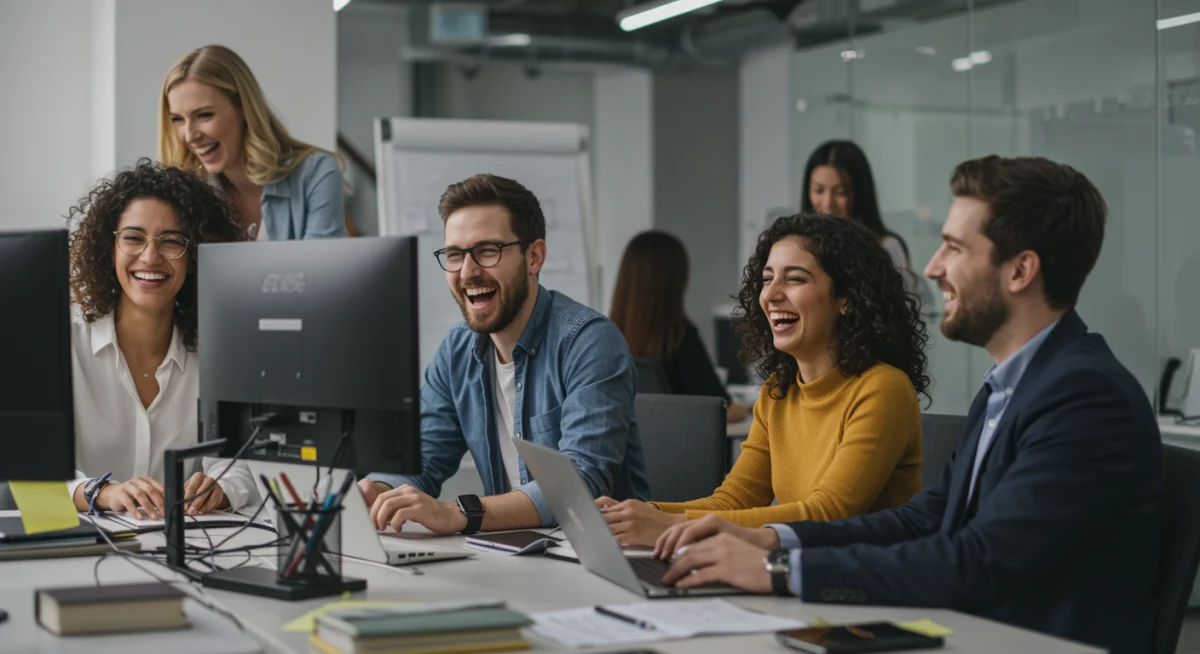 Team collaborating and laughing in office, promoting positive work environment