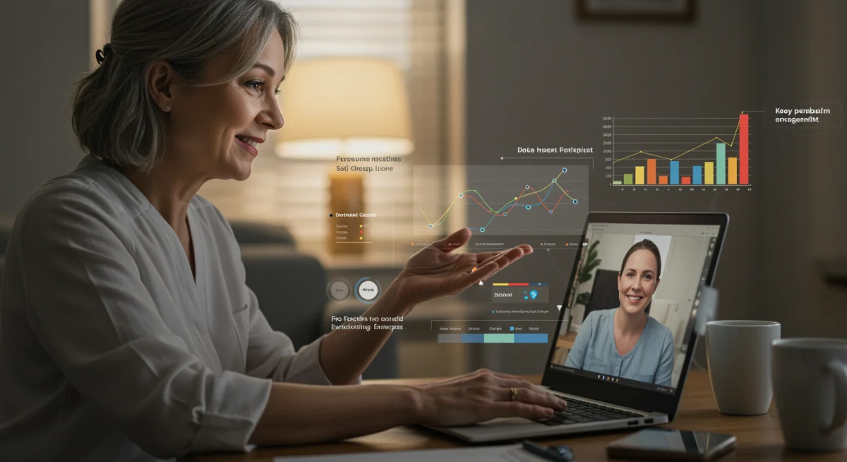Therapist in virtual session with patient satisfaction data overlay