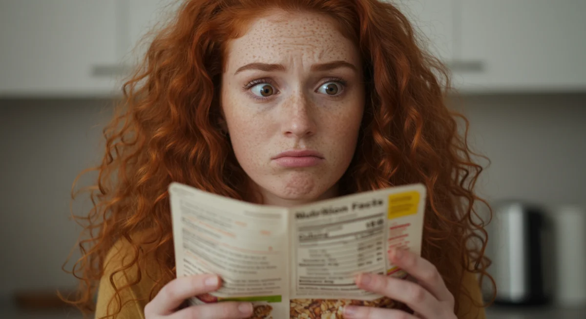 Confused person reading a nutrition label, emphasizing dietary complexity.