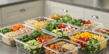 Assortment of vibrant, prepped healthy meals in glass containers for a busy week