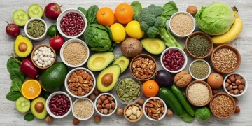 Colorful array of fresh plant-based foods for optimal nutrition