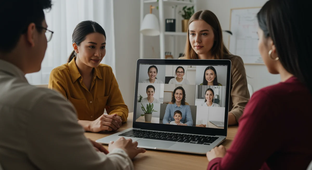 Diverse individuals participating in virtual mental health therapy session