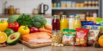 Comparison of whole foods versus ultra-processed foods on a kitchen counter, symbolizing conscious dietary choices for 2025 health.