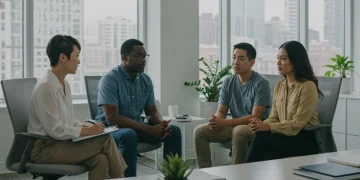 Employees discussing mental health support with a professional in a modern office