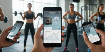 People engaging in personalized workouts using futuristic fitness apps on their smartphones in a modern gym.