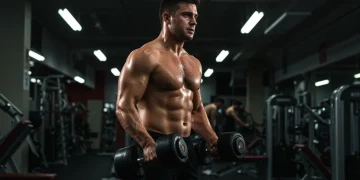 Man performing advanced dumbbell press in a modern gym with focus and intensity.