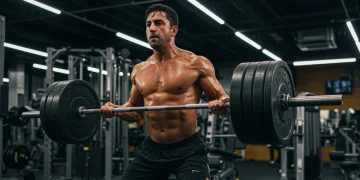 Muscular man performing heavy compound lift in modern gym, demonstrating advanced muscle building techniques for 2026.