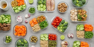 Colorful weekly meal prep containers with healthy, budget-friendly meals for the US market.