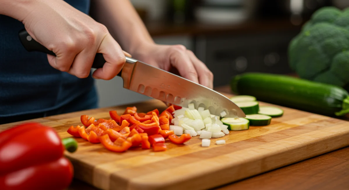 Person chopping fresh vegetables for budget meal prep in a US kitchen.