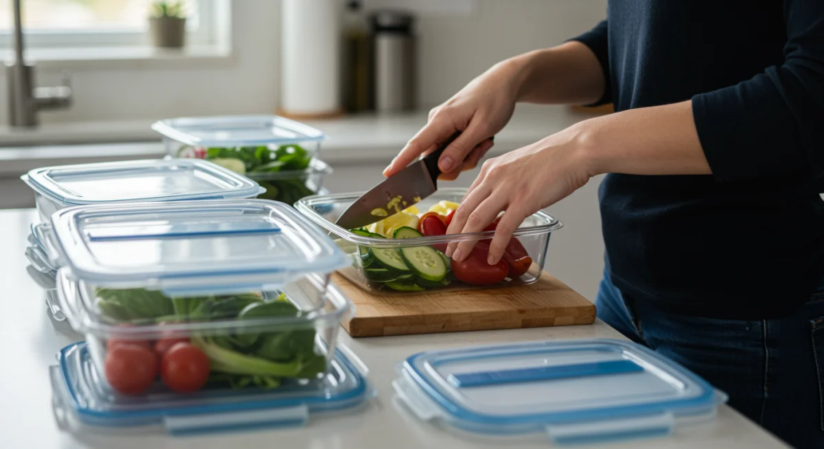 Person chopping vegetables in an organized kitchen for meal prep, illustrating efficiency and planning.