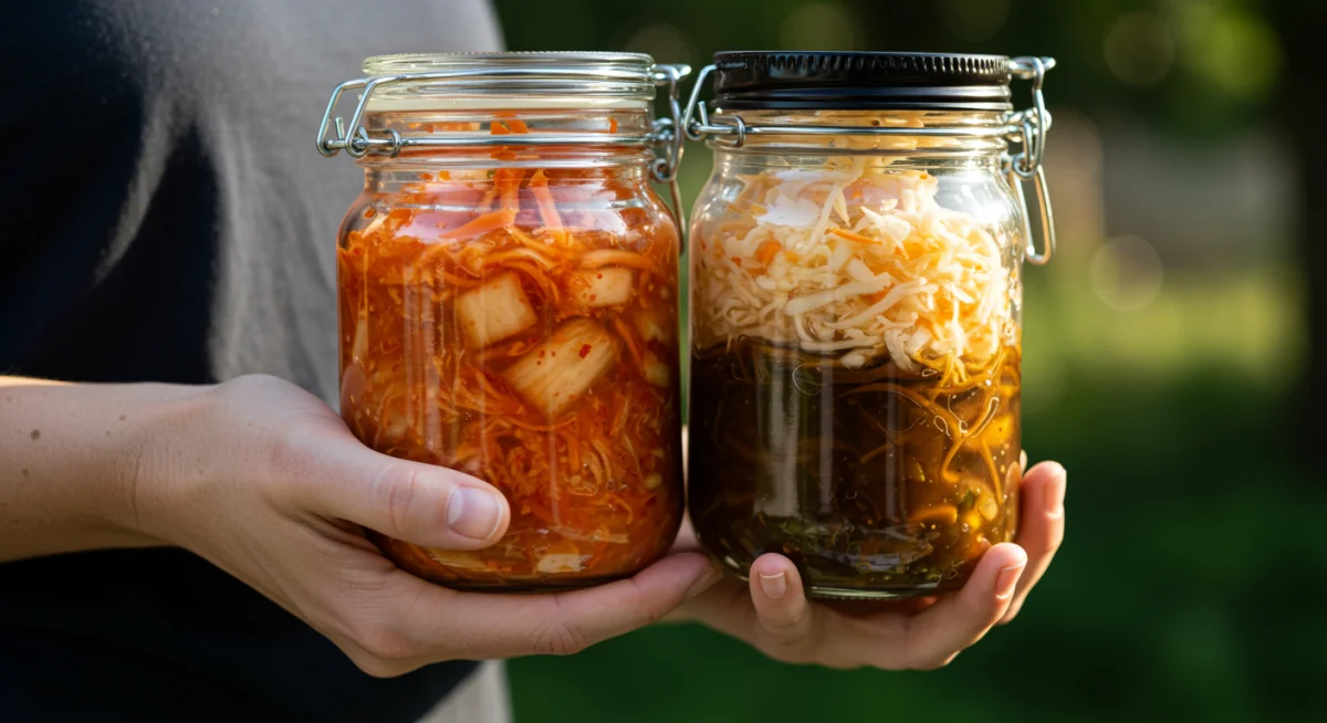 Hand holding a jar of fermented foods like kimchi and kombucha, illustrating probiotic-rich diet for gut health.