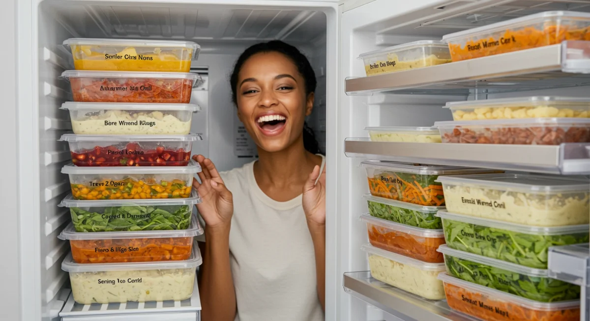 Freezer full of labeled, pre-prepped meals for long-term storage and convenience